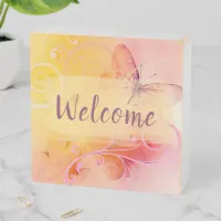Elegant Pastel Butterflies and Swirls Welcome Wooden Box Sign