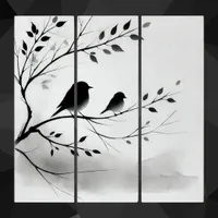 Simple Black and White Birds Perching in Trees |  Triptych