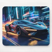 Cyberpunk Speedster: Futuristic Supercar in City Mouse Pad