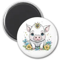 Cute Cartoon Pig in Flowers Magnet