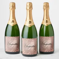 Glittery Rose Gold Foil Fancy Monogram Sparkling Wine Label