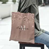 Custom Monogram Rose Gold Drip Glitter Metallic Tote Bag