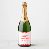 Modern Wavy Border Trendy Red Christmas Party Sparkling Wine Label