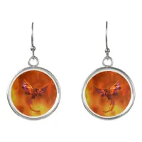 Colorful Phoenix Flying Against a Fiery Background Earrings