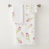 Single Hand Painted Watercolor Pink Red Rose Bath Towel Set