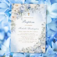 Blue and Ivory Flower Baptism Invitation