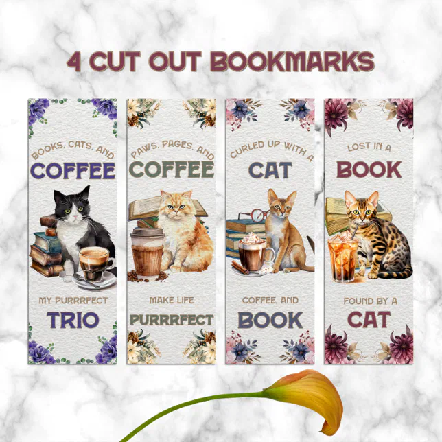 Watercolor Cat Books and Coffee Bookmark