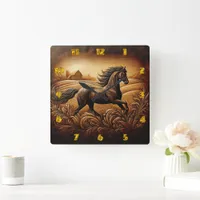 Engraved Horse Running Across Wheat Field Square Wall Clock