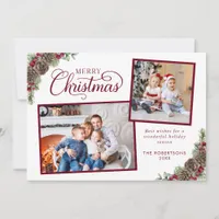 Elegant Script Botanical Merry Christmas 2 Photo  Holiday Card