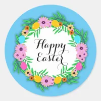 Happy Easter Botanical Cute Floral Wreath Classic Round Sticker