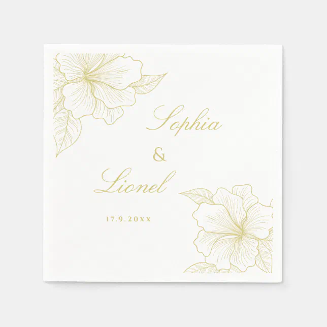 Minimal Elegant Outline Floral Golden Wedding Napkins