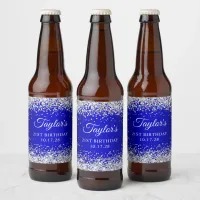 Silver Glitter Black Blue Ombre 21st Birthday Beer Bottle Label