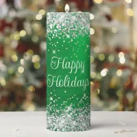 Silver Glitter Green Foil Happy Holidays Pillar Candle