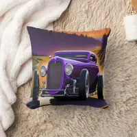 Vintage hot rod cruising at sunset on winding road throw pillow