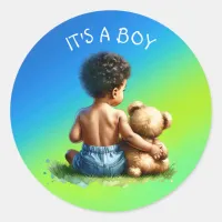 African-American Baby Boy with Teddy Baby Shower Classic Round Sticker