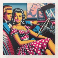 Retro Couple in Car at Drive In Movie Glass Coaster