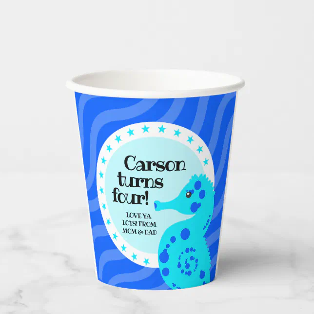 Cute Happy Birthday Blue Boy Seahorse on Waves Paper Cups