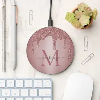 Chic Rose Gold Glitter Drips Sparkle Monogram Wireless Charger