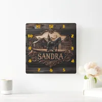 Wooden Plaque Featuring Horse and Farm Landscape Square Wall Clock