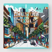 Houston, Texas Downtown City View Abstract Art Square Wall Clock