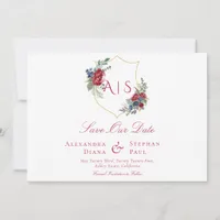 Magenta Vintage Botanical Floral Crest Monogram Save The Date