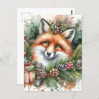 Adorable Watercolor Christmas Red Fox Postcard