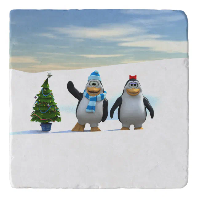 Cute Cartoon Penguin Pair with Tree Trivet