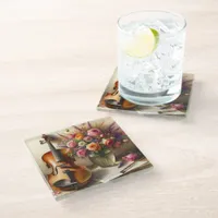 Violin, Sheet Music and a Vase of Flowers  Glass Coaster