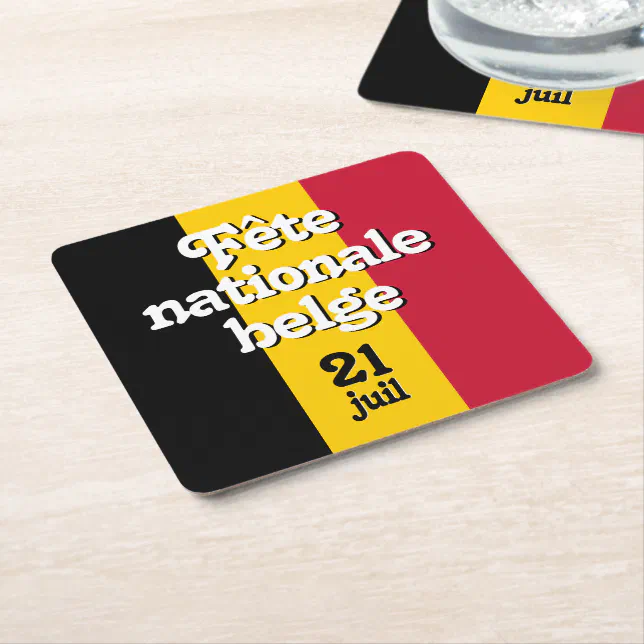 French F&#234;te nationale belge Belgian Flag Square Paper Coaster