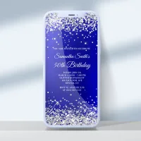 Silver Glitter Royal Blue Satin 50th Birthday Invitation