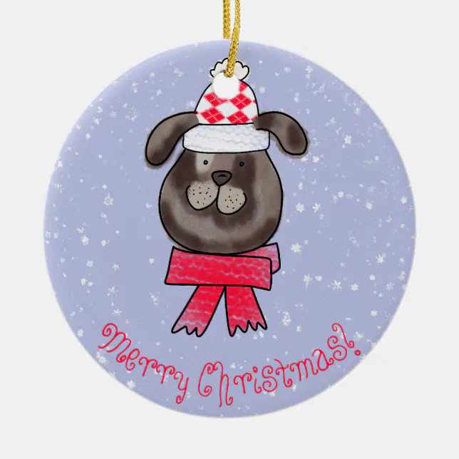 Petit chien de No&#235;l avec une &#233;charpe tricot&#233;e Ceramic Ornament