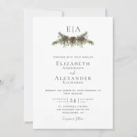 Winter Pine Cone Greenery Monogram Wedding Invitation