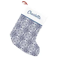 Navy Blue and White Hamptons Style Moroccan Tiled Small Christmas Stocking