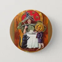 Vintage Halloween Witch and Pumpkin Head Boy Button