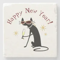 Happy New Year Cat with Champagne Stone Coaster