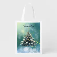 Beautiful Christmas Tree with Snow and Gold Lights Grocery Bag