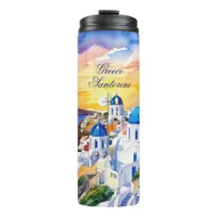 Greece Santorini Watercolor Sketch Aegean Sea |  Thermal Tumbler