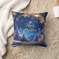 Magical Christmas time - golden snowflakes on blue Throw Pillow