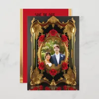 Golden frame with red roses, gothic style photo  save the date