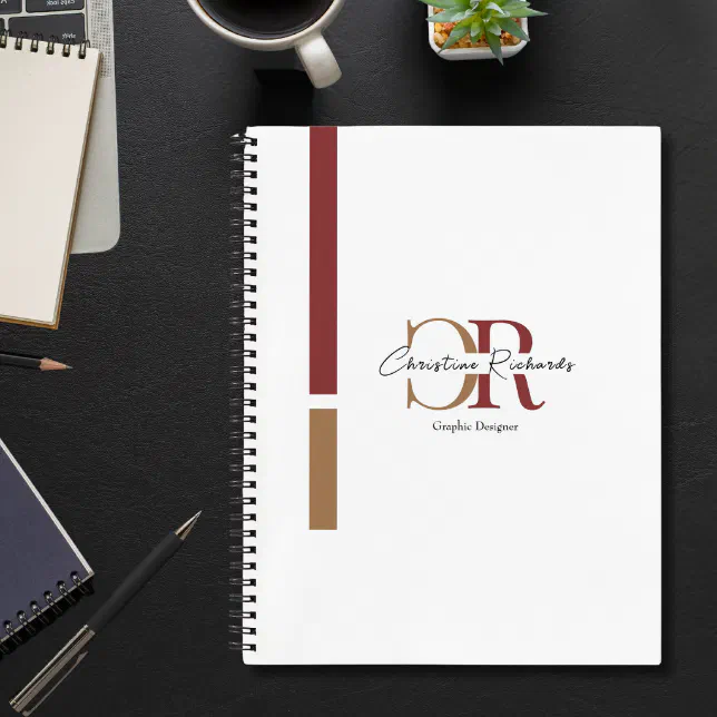 Simple Modern Burgundy Gold Monogram Notebook