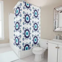 Beach Boho Mediterranean Blue Evil Eye Pattern Shower Curtain