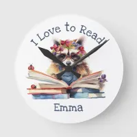 I Love to Read with Cute Baby Raccoon Round Clock