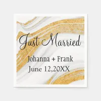 Just Married White and Gold Agate Napkins