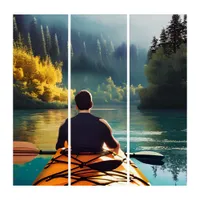 Serene Kayaking Scene | Man in Kayak in Mountains Triptych