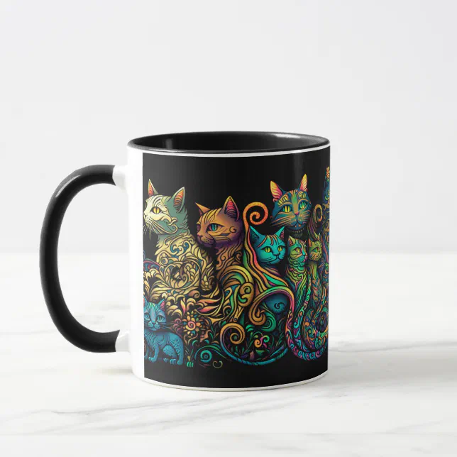 Stylized Cat Tribe Colors on Black Frieze Mug