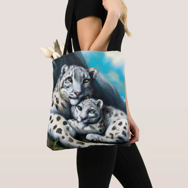 Mother Snow Leopard and Cub in the Mountains Tote Bag