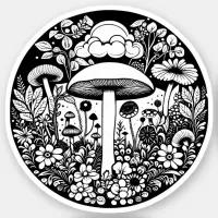 Black and White Flowers and Mushrooms Vintage Sticker
