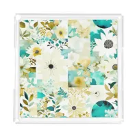 Pretty Folk Art White and Turquoise Flowers   Acrylic Tray