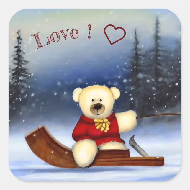 Bear on a sledge in the snow square sticker