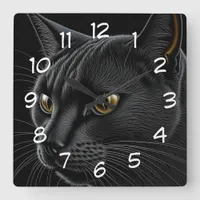 AI Black Cat with Yellow Eyes Square Wall Clock